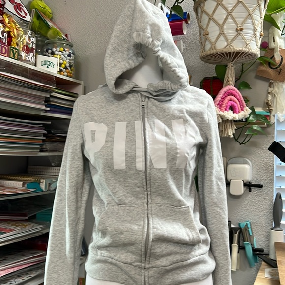 PINK gray zip up sweatshirt, XS Victoria secrets zip up hoodie, sz XS - Picture 1 of 6
